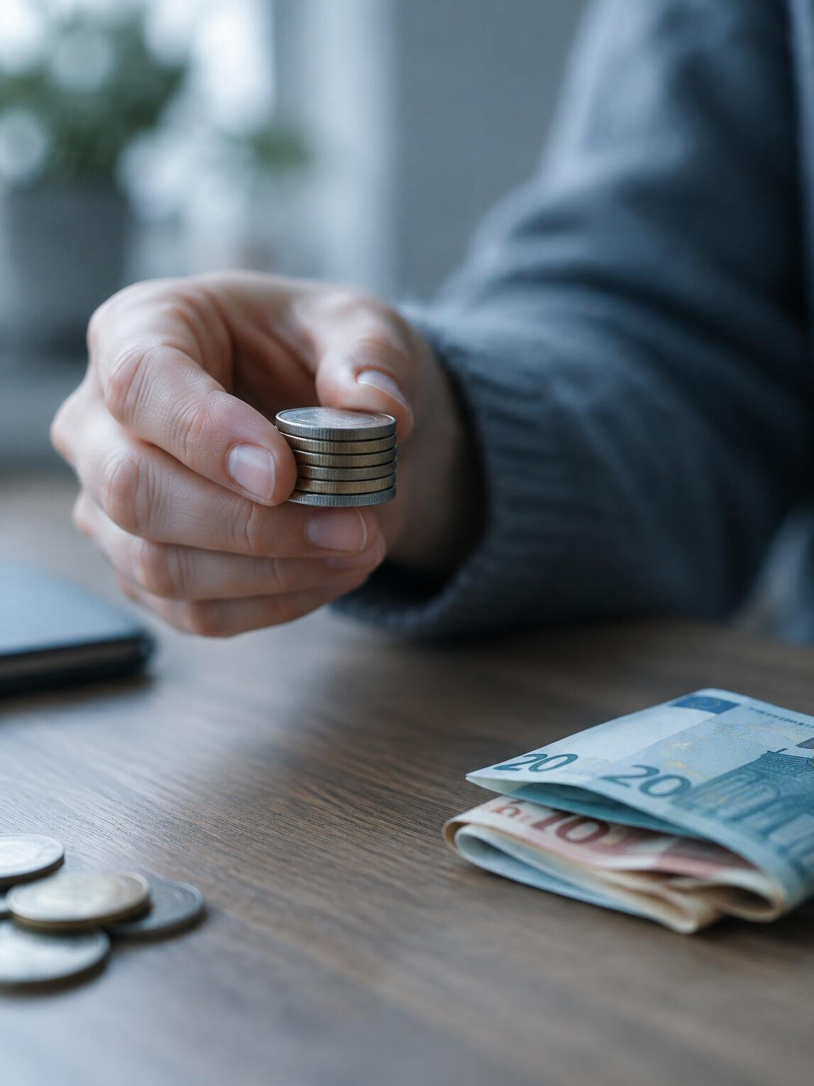 Hand holding coins and banknotes over a wooden table