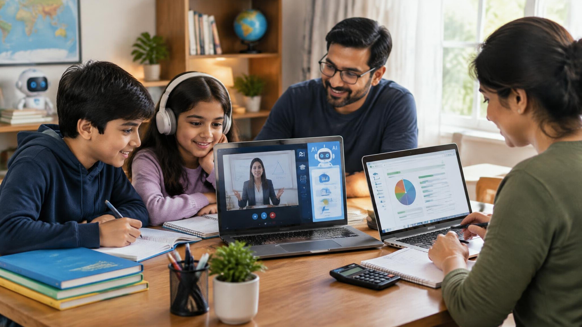 family studying with laptop