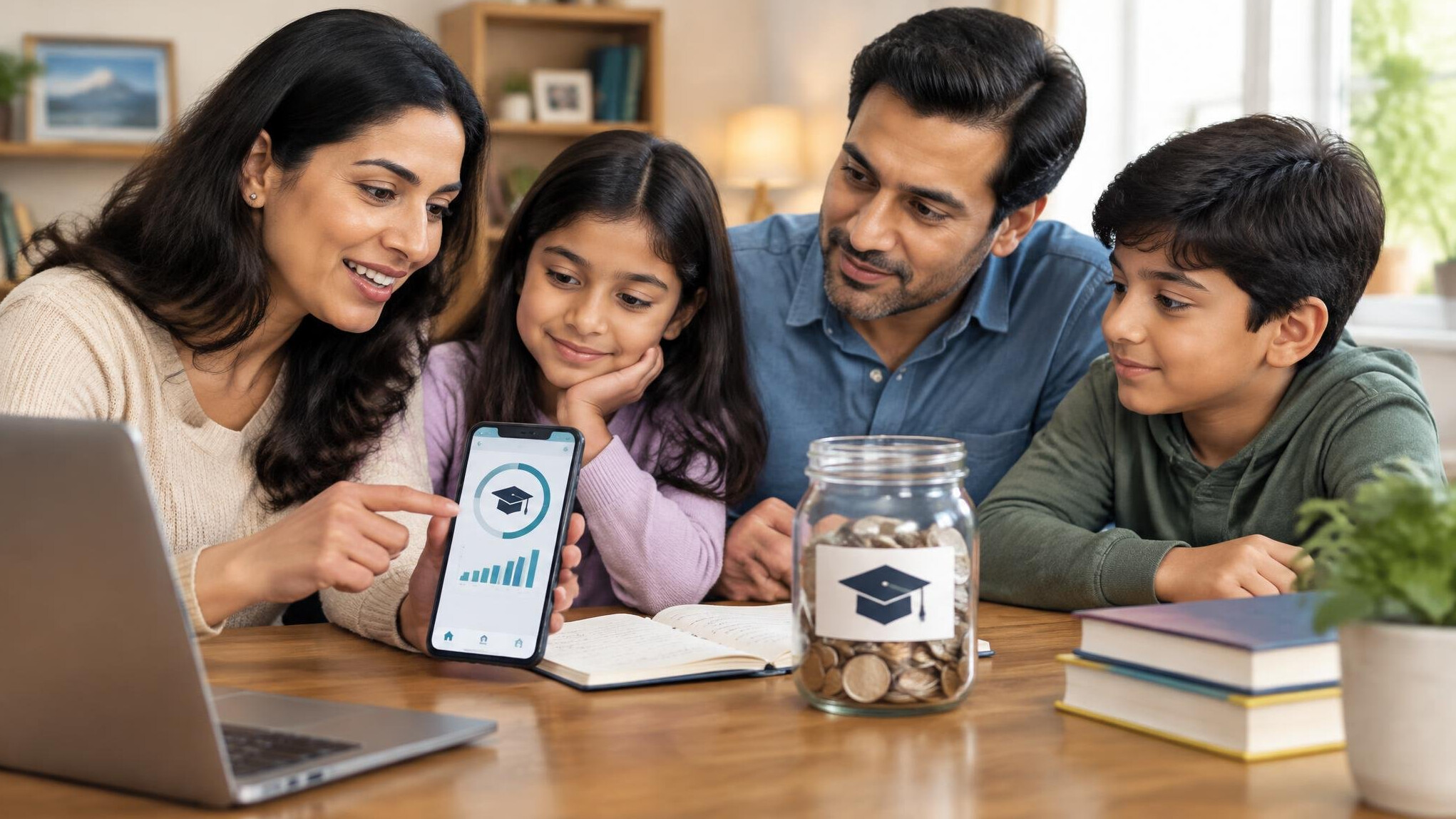 family discussing savings plan
