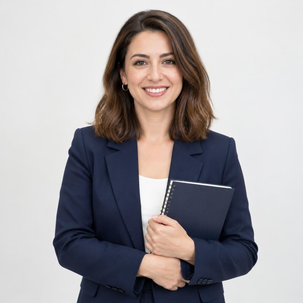 Smiling woman in a dark blazer holding a notebook in a bright studio
